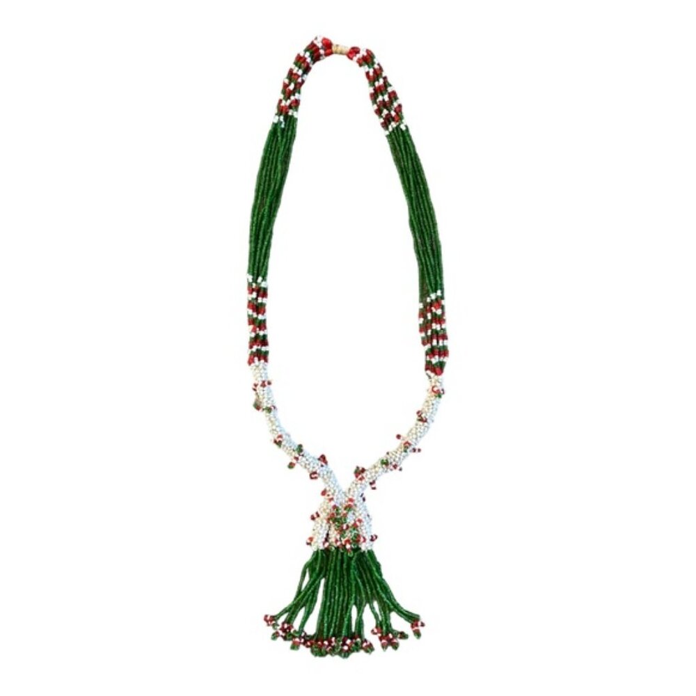 Multi Strand Red, Green, White Beaded Tassel Tribal Style Necklace 20” Drop - Picture 10 of 10